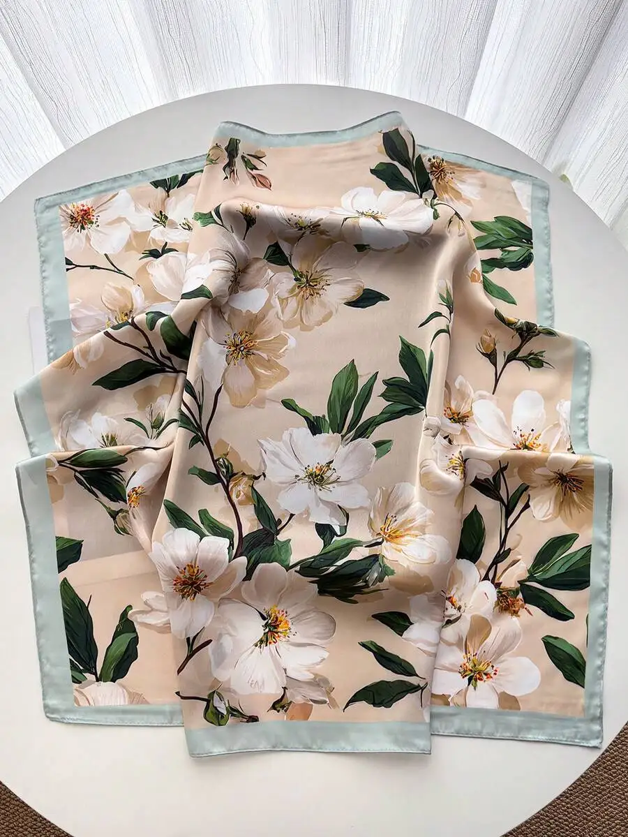 

Women's Spring Summer Flower Print Square Scarf Imitation Silk Shawl Neck Protection Bib Professional Scarf Warm Suitable For Da