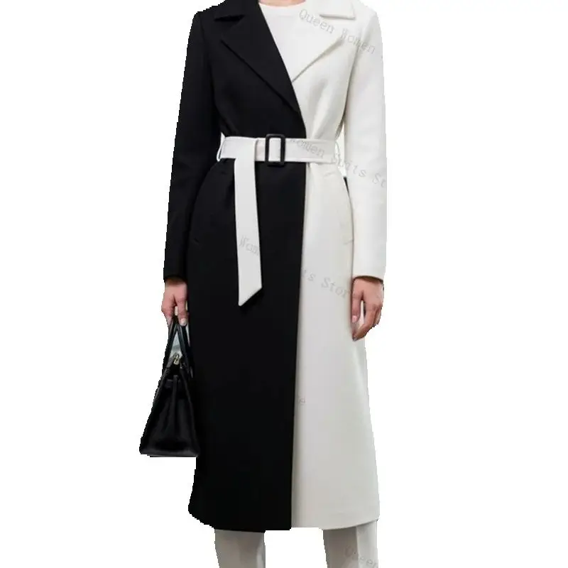 

White Black Cashmere Women Suit 1 Piece Long Blazer Belted Woolen Prom Dress Formal Office Lady Jacket Wedding Coat Customized