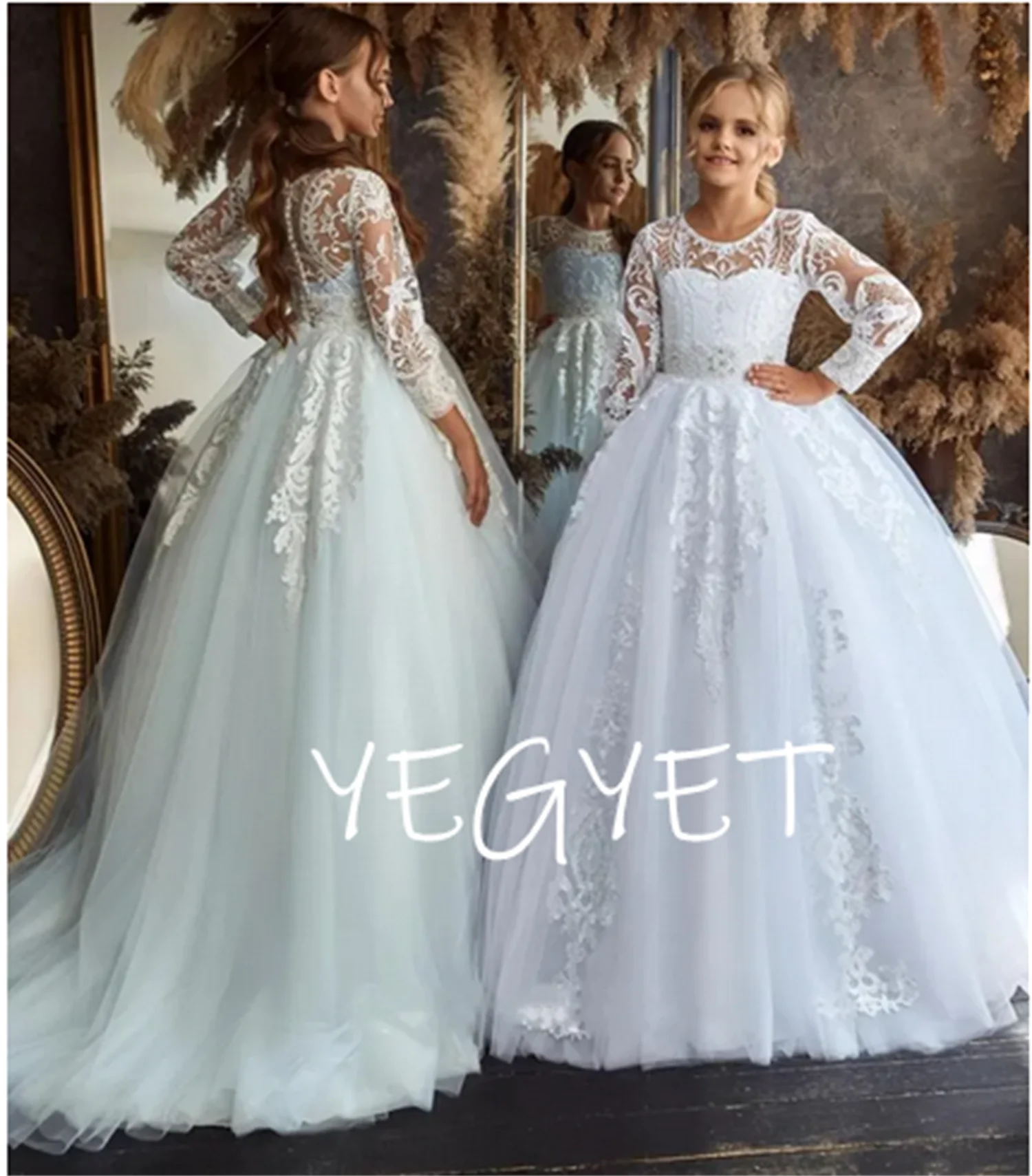 

White Flower Girl Dresses for Weddings Lace Tulle Princess Long Sleeve Holy First Communion Dress Party Pageant Gowns For Girls