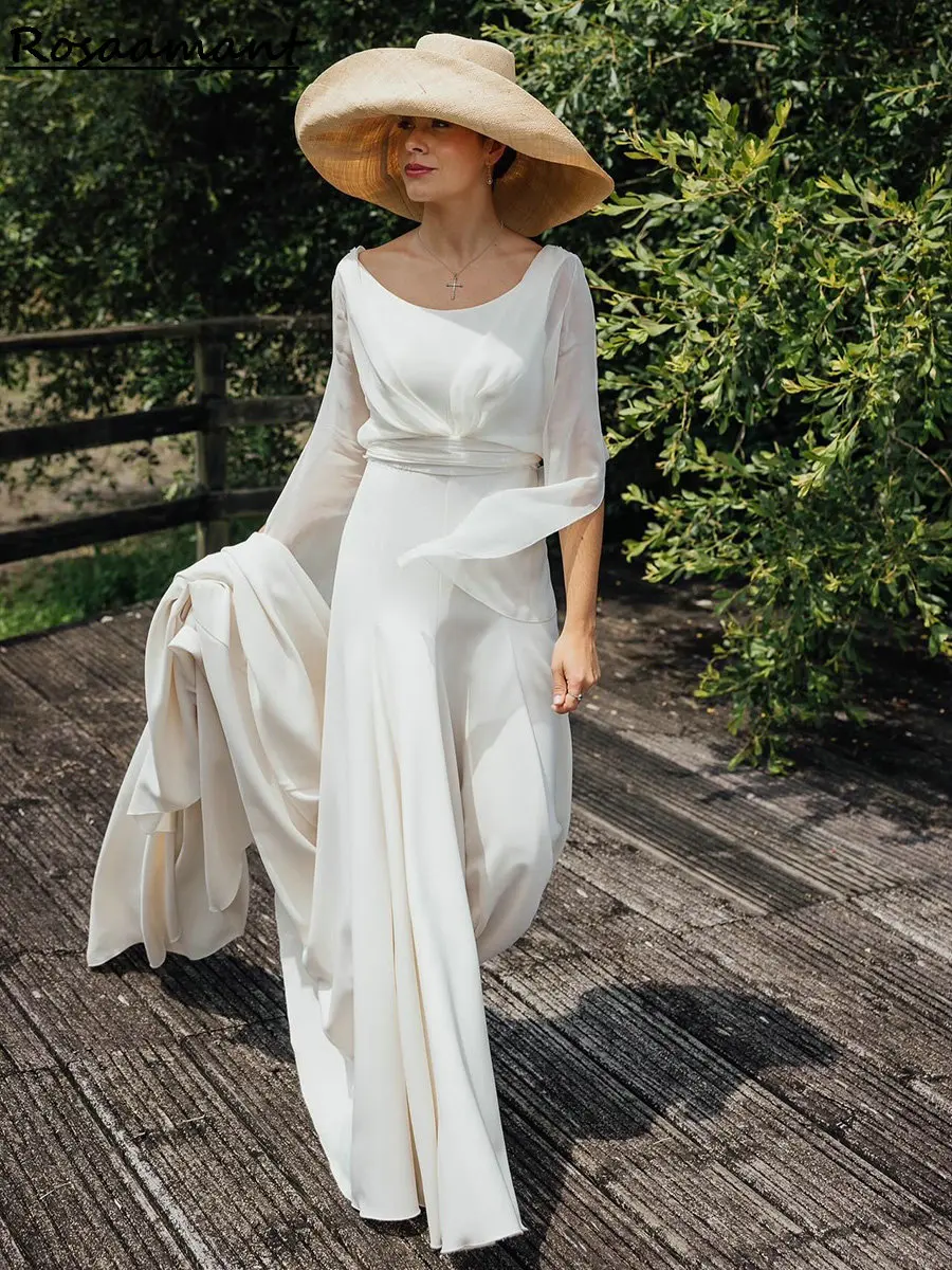 Modern Two Pieces Jumpsuits Wedding Dresses Scoop Long Sleeve Pleat Boho Country Bridal Gowns