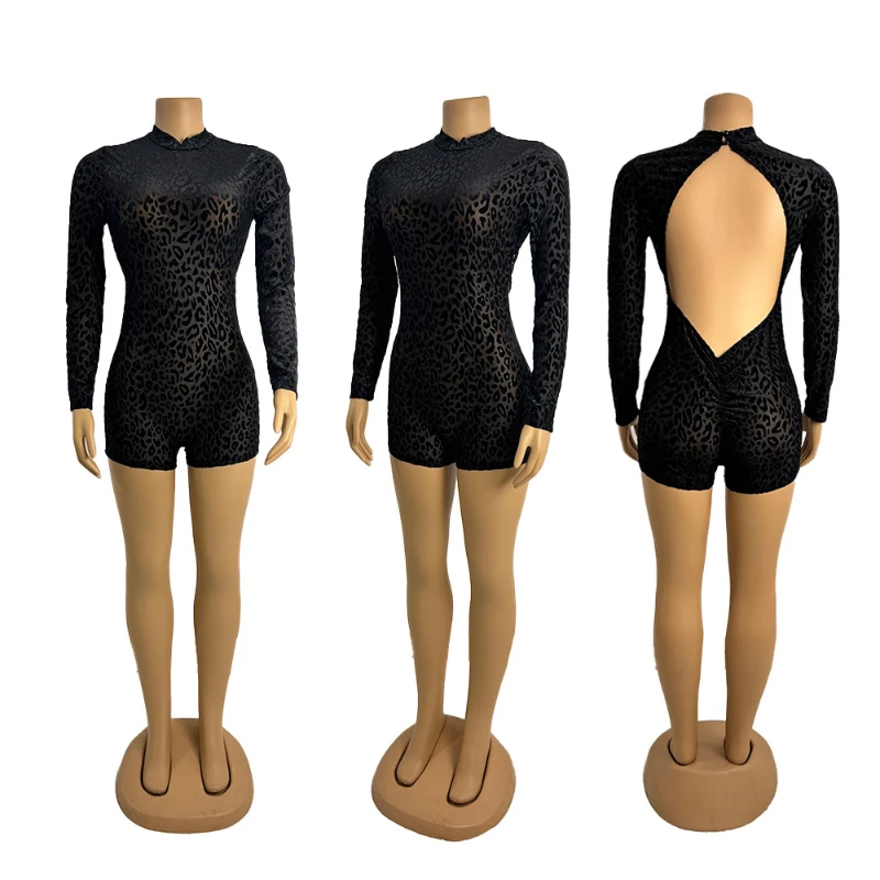 ジャンプスーツ女性背中の開いたセクシーなパーティークラブナイトヒョウ柄 2025 長袖ロンパーススキニーファッションワンピーススーツ