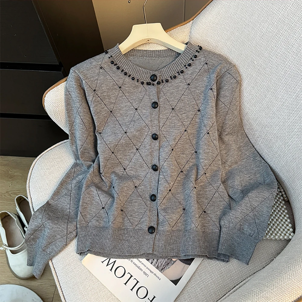 

Women Beading Plaids Knit Cardigans Spring Autumn Loose O-Neck Sweater Outerwear Elegant Temperament Single Breasted Knitted Top