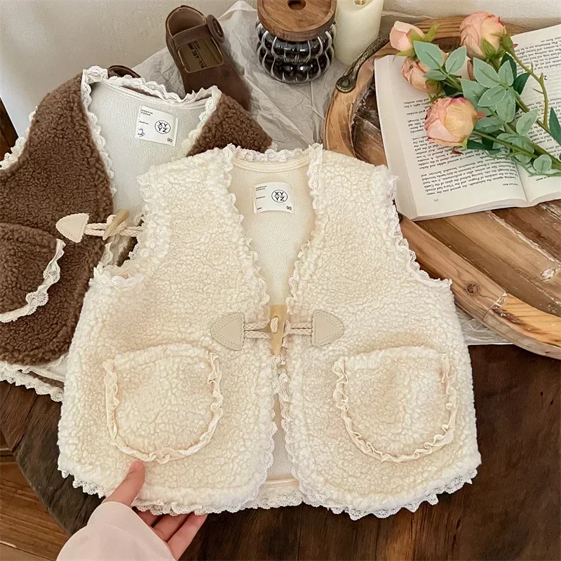 Girls Vest 2024 New Baby Autumn and Winter Cardigan Vest Baby Sleeveless Vest Coat Korean Simple Style Clothes Top Fashion