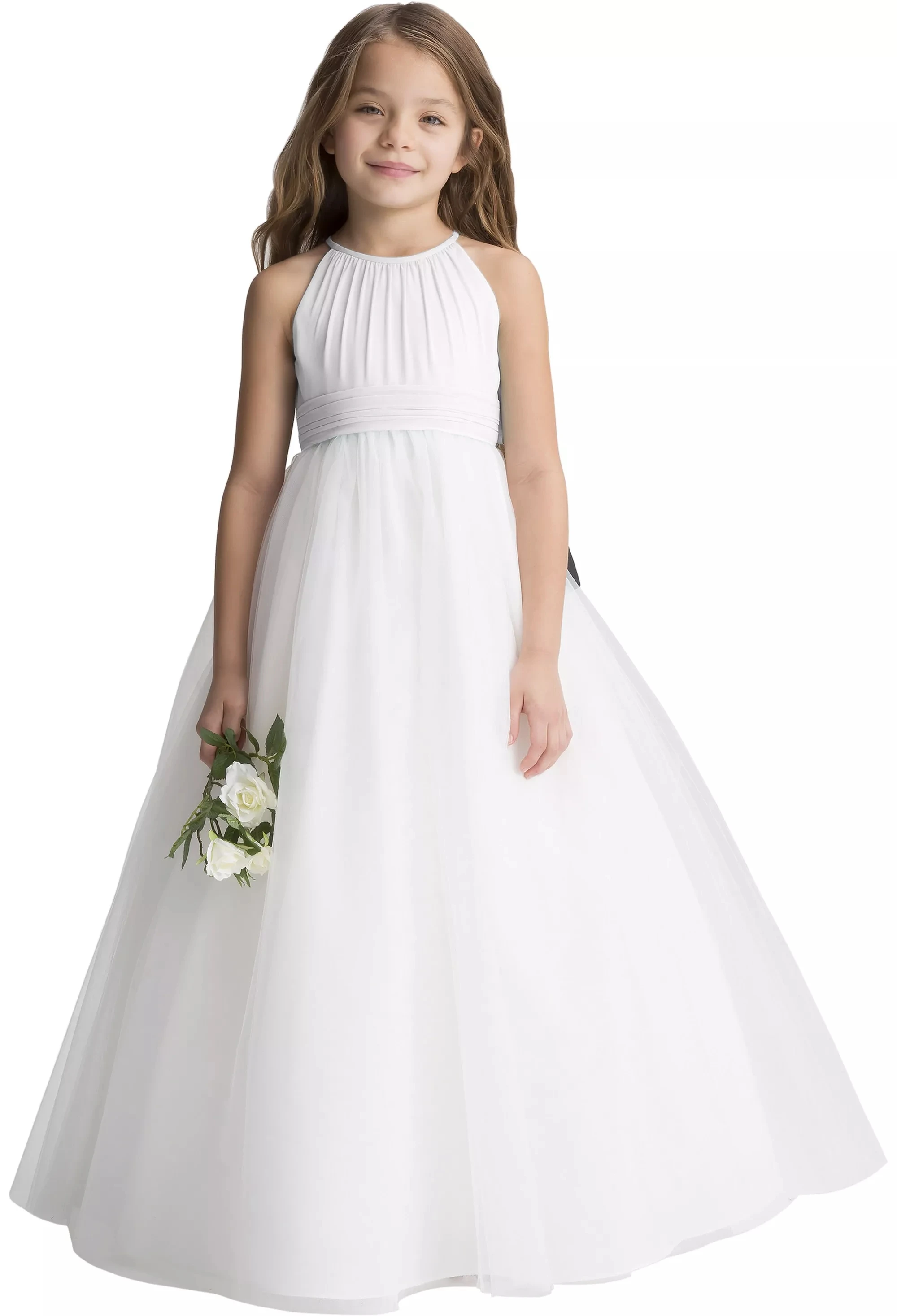 Babyonline Bloem Meisje Jurk Eenvoudige Ivoor Chiffon En Netting Halter Baljurk Junior Bridesmiad Bruiloft Gast Party