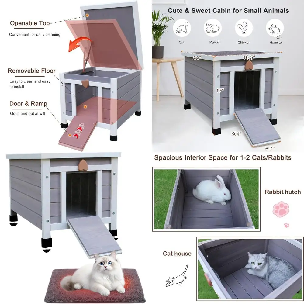 

Weatherproof Outdoor Cat House for Feral Cats: Small Grey Wooden Pet Habitat with Mat