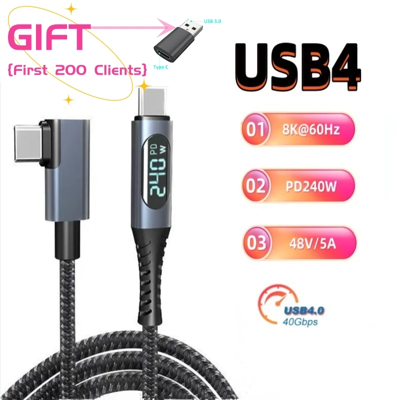 90° Right Angle Elbow USB4 Display Cable Type C to C Cable PD3.1 240W Fast Charge Cable 40Gbps 8K@60Hz for Switch MacBook iPad