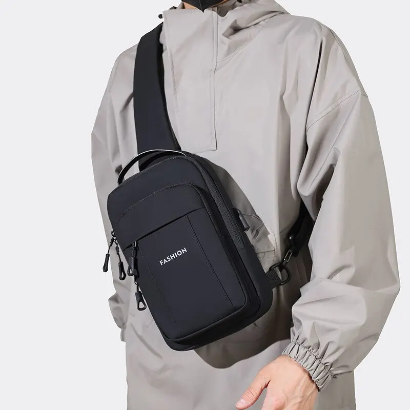 Polarshe-Bolso de pecho con USB para hombre, bandolera de hombro, impermeable, de tela Oxford, multifunción, de gran capacidad, para viaje