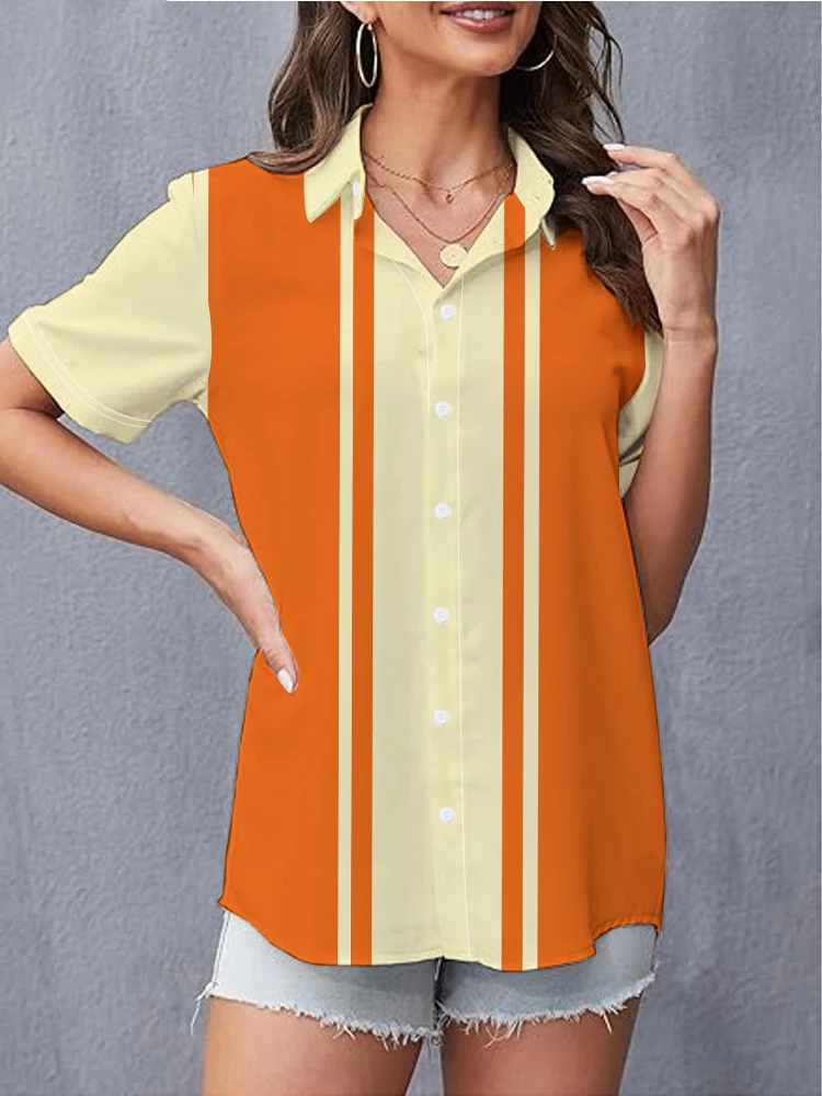 Orange Stripes 3d Digital Printing Lapel Shirt Women's Daily Casual Summer Short Sleeve Shirt Fashion Oversize Buttons Shirt