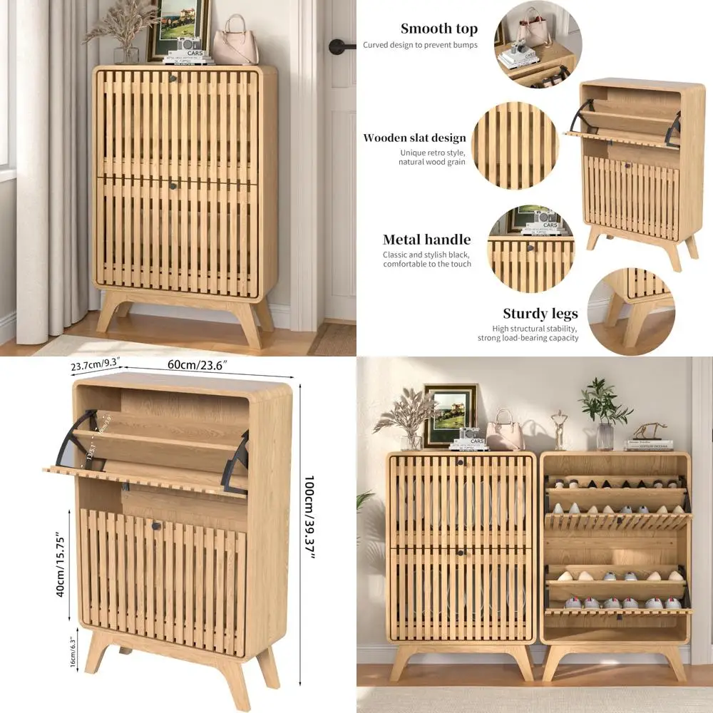 خزانة أحذية رفيعة حديثة للمدخل مع درجين قابلين للطي، رف منظم خشبي مخدد