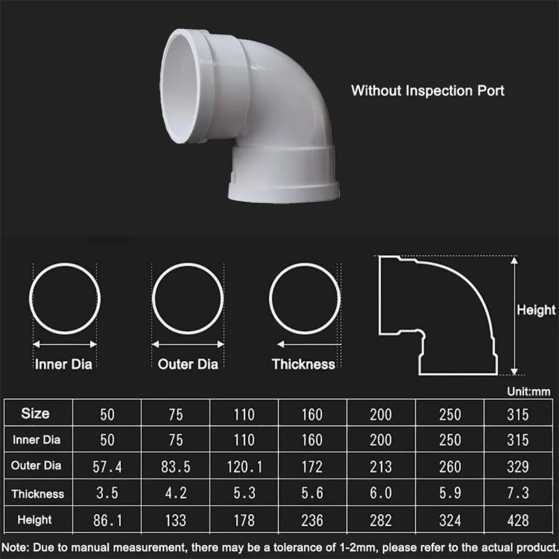 PVC 90 Degree Elbow 50/75/110/160/200/250mm Drain Pipe Connector for Sewer System White Durable Waterproof Plumbing Joint