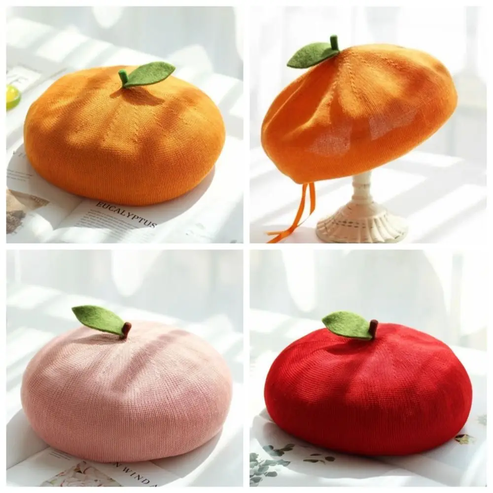 

Fashion Pink Peach Girl Painter Hat Little Leaf Breathable Beret Fruit Caps Fresh Cute Orange Beanie Beret Cap Female Lady