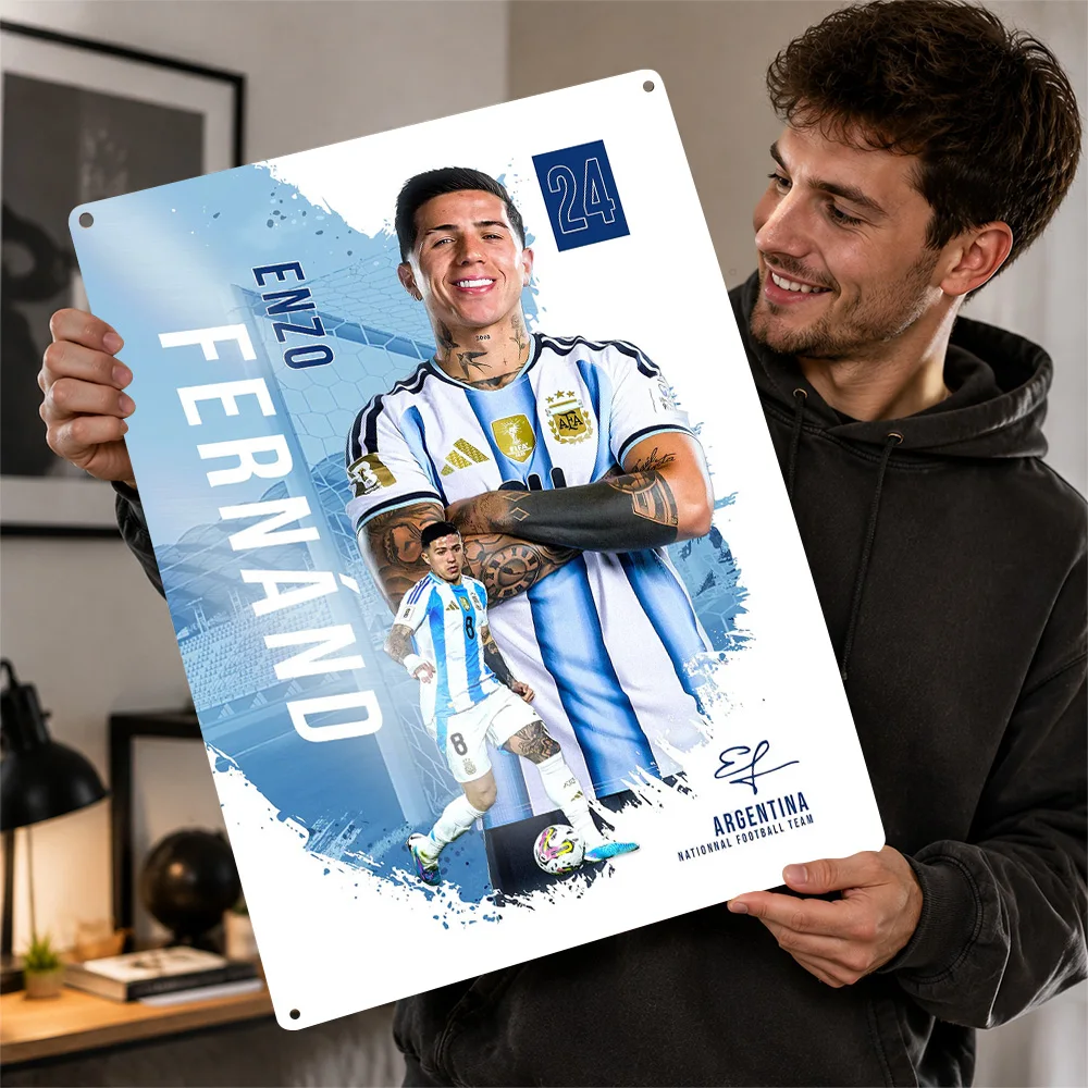 Enzo Fernandez Argentina Football Textured Poster Customized Metal Tin Sign Vivid Matchday Hero Wall Art For Player Collectors
