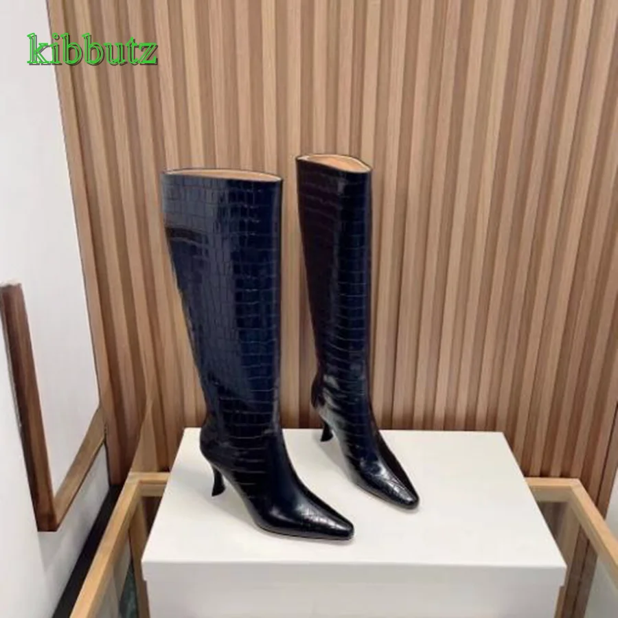 Croc Effect Leather Mid Calf Boots,Pointed Toe Stiletto Knee High Boots Straight Boots Women Shoes 2023 New Zapatos Para Mujere