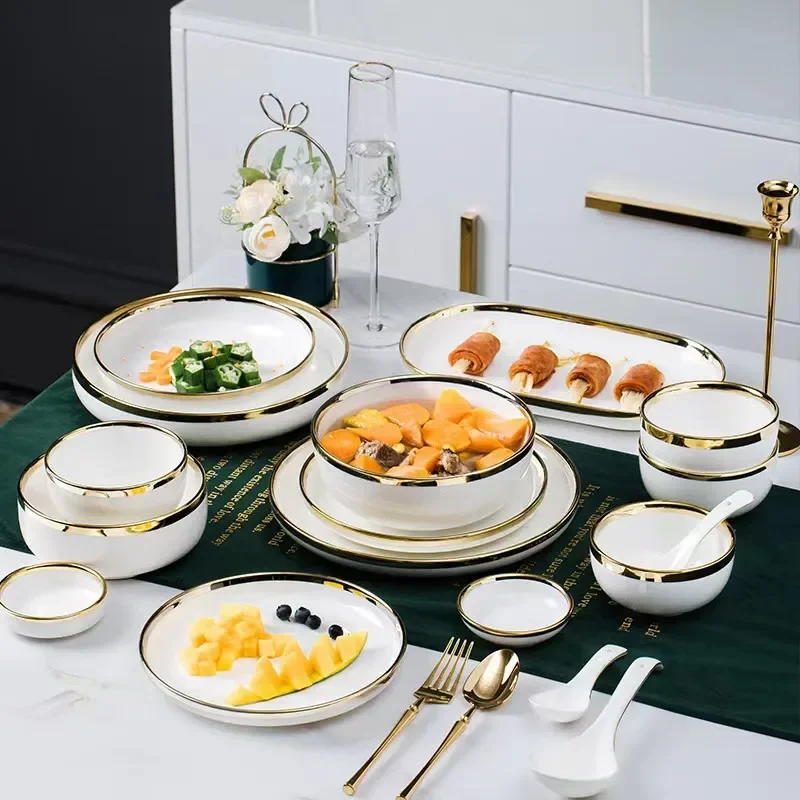 Bright Gold White Porcelain Kitchen Dinner Plate Ceramic Tableware Food Dishes Rice Salad Noodles Bowl 1pcs