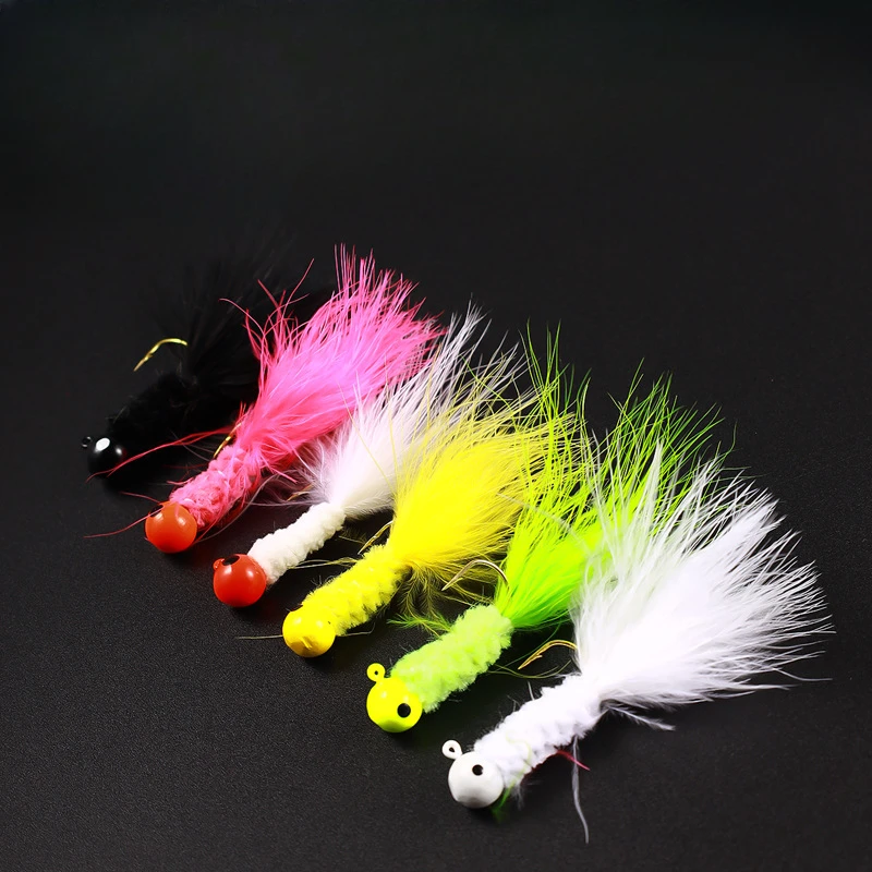 5 Pieces 3cm 3.5g Fishing Lure Feather Jig Head Hook Artificial Lures Bind Fur Barbed Hooks Fishing Tackle Fishing Accessories