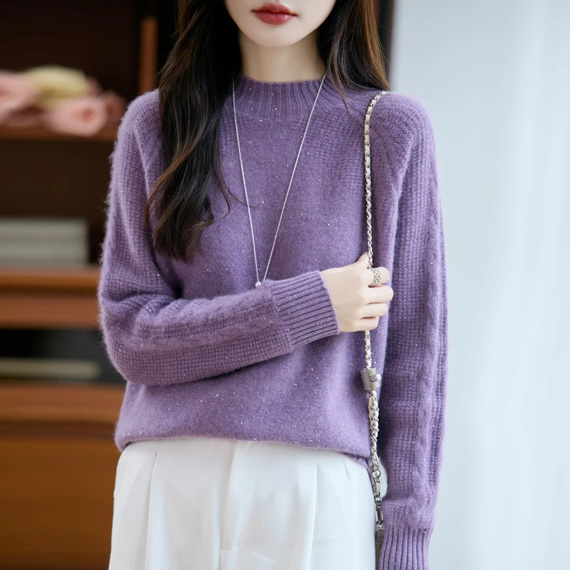 

Exquisite 7GG Thick Mock Neck Spangle Twist Flower Soft Warm 100% Merino Wool Knitwear Chic Happiness Casual Sweater Tops
