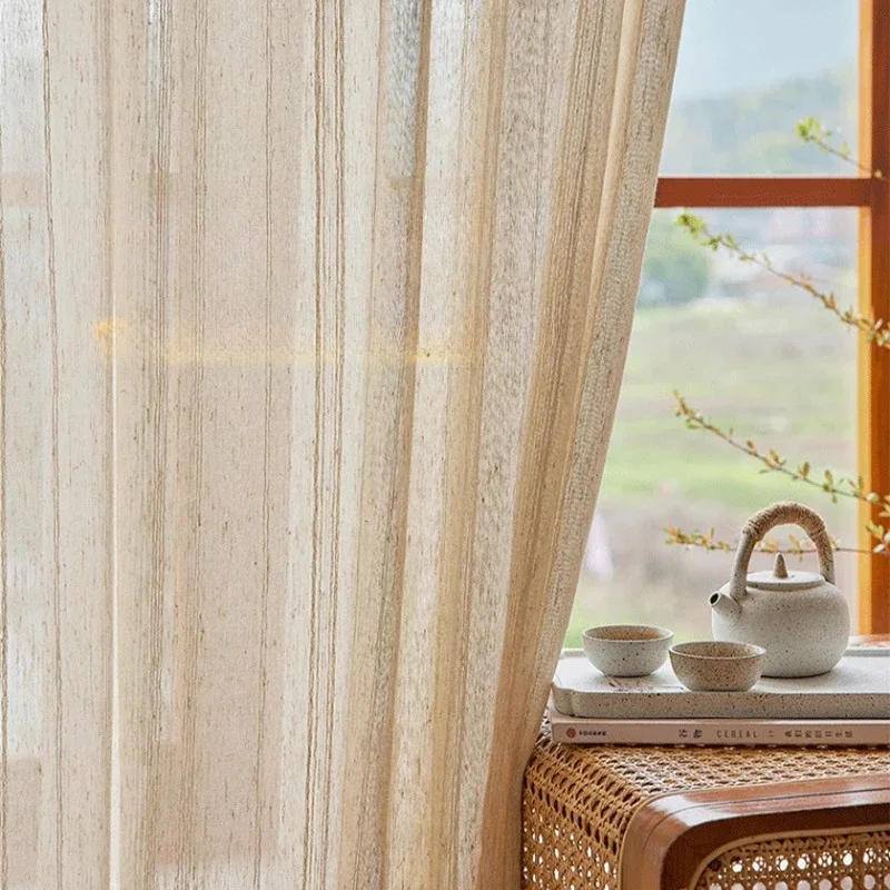 Japanese Style Linen Cream Wind Wooden Window Screen Bedroom Living Room Balcony Hotel Sunshade Translucent Screen Curtain