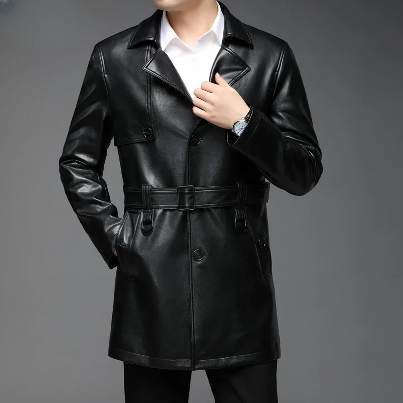 Men Leather Jacket Mid-length Casual Business Genuine Leather Jackets for Men Autumn Winter Suit Collar Black Windbreaker Belt