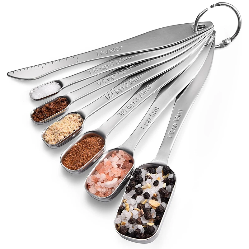 18/8 Stainless Steel Measuring Spoons Premium Heavy Duty Measuring Spoons Set with Leveler Rectangular Metal Teaspoon Tablespoon