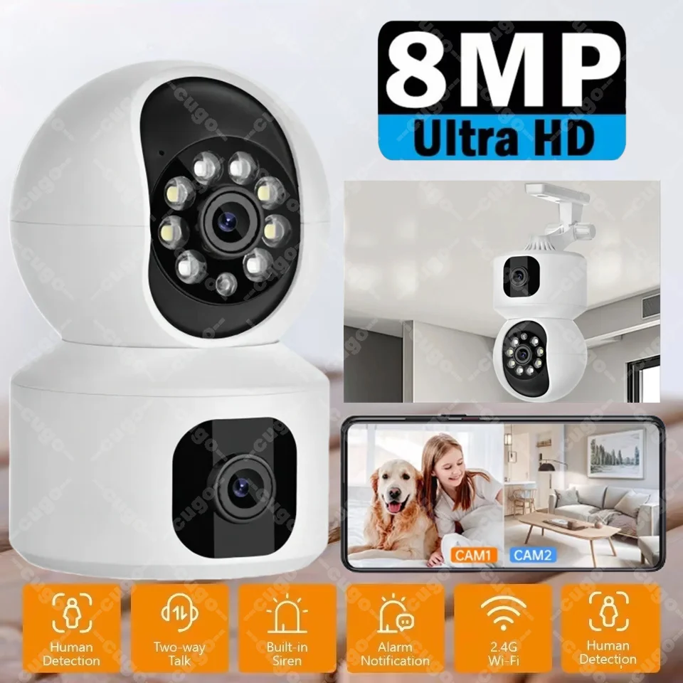 8MP WiFi IP Camera Dual Lens Baby Monitor Color Night Vision PTZ Human Automatic Tracking Video Smart Home Surveillance Cameras