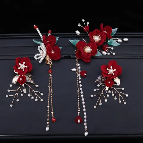 Chinese Hanfu Red Flower Hair Clips Hairpins Vintage Dress Headwear Long Tassels Hair Clip Jewelry Headdress Hair Accessories