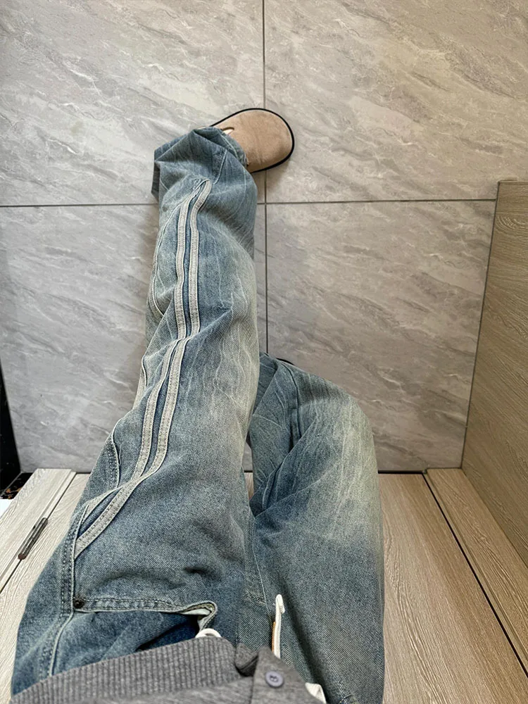 Jeans con giunture a righe americane High Street da donna Primavera Autunno Design Pantaloni larghi a gamba dritta retrò allentati alla moda