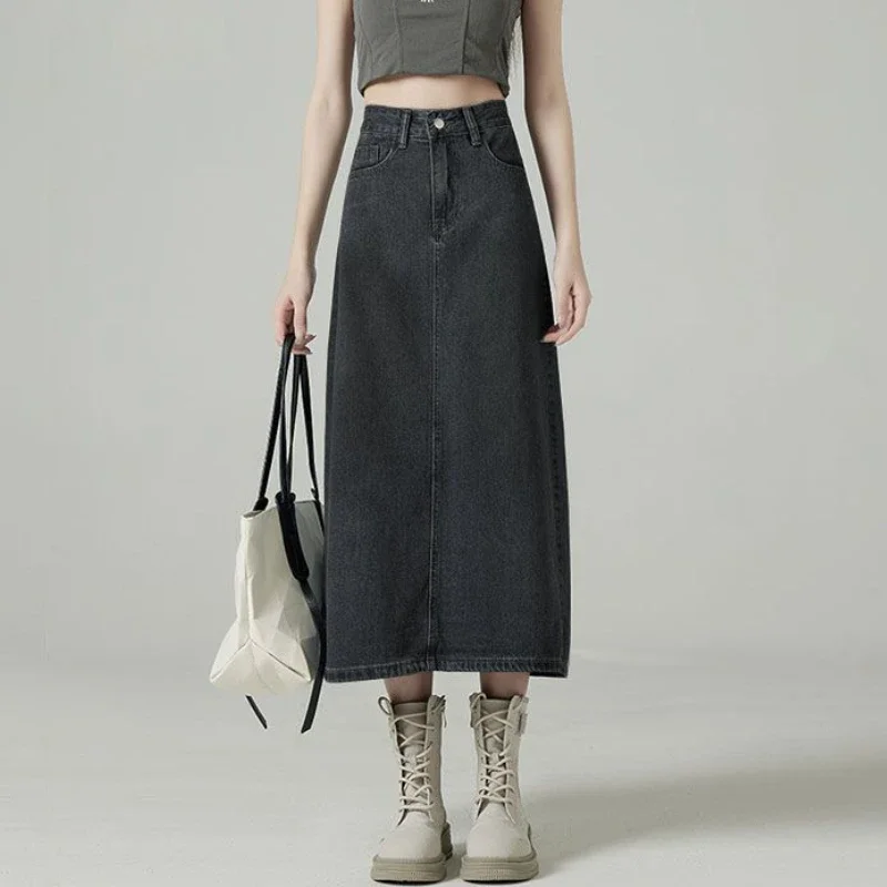 تنانير نسائية من قماش الدنيم بفتحة خلفية ميدي ملابس خروج فضفاضة عتيقة أنيقة على شكل حرف a نمط كوري غير رسمي للسيدات ربيع Faldas بسيط