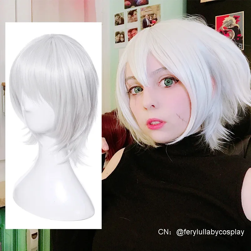 Zizi 2025 L-email مصير/أبوكريفا جاك الممزق FGO تأثيري 35 سنتيمتر شعر مستعار قصير أبيض مع الانفجارات مقاومة للحرارة Synt