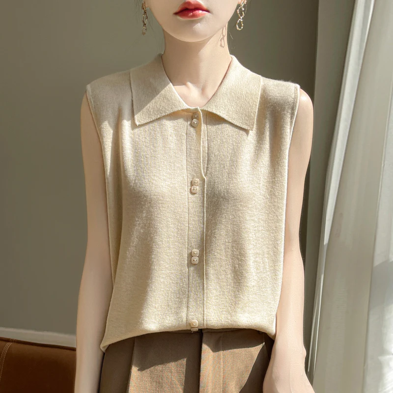 Fine Imitation Wool Shirt Vest Women 2024 Summer,Sleeveless Knit Top,With Loose Lapels,Will Not Pill,Shrink Resistant Sweater