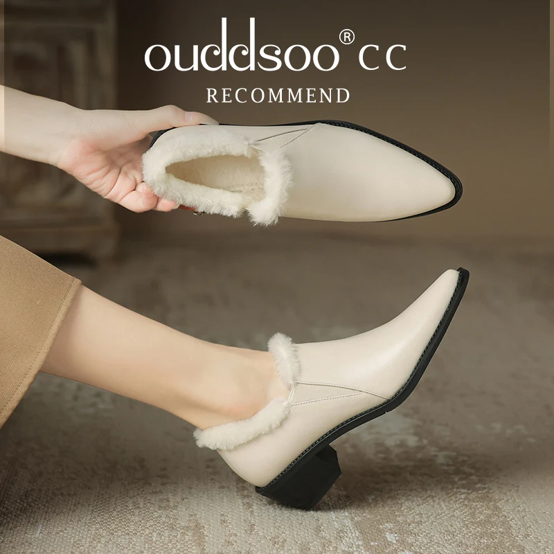 

Ods Winter Warm Women Ankle Pumps Outdoor Leisure Office Ladies Wool Fur Genuine Leather Thick Heels Shoes Woman Snow Loafers 40