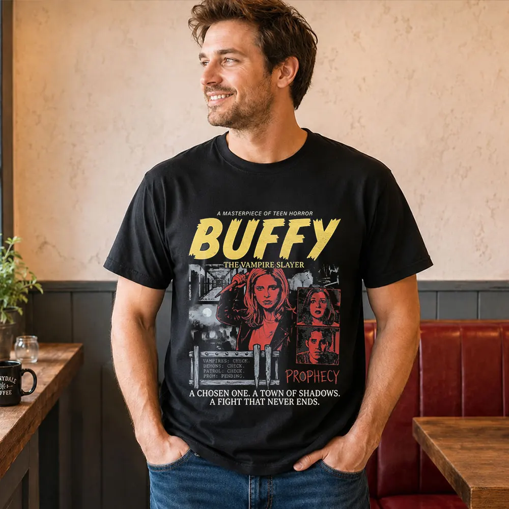 Buffy Inspired Graphic T-Shirt, 0810 Vintage Vampire Slayer Print Tee,Retro Horror Series Short