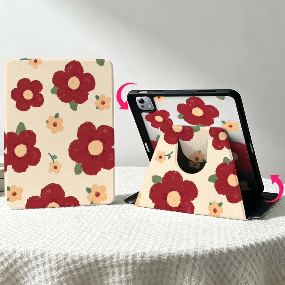 Design Floral Art Patterns For Xiaomi Mi Redmi Poco Pad 8 7 7S 6 6S 5 SE Pro Ultra 360° Rotation Stylus Storage Tablet Case Soft