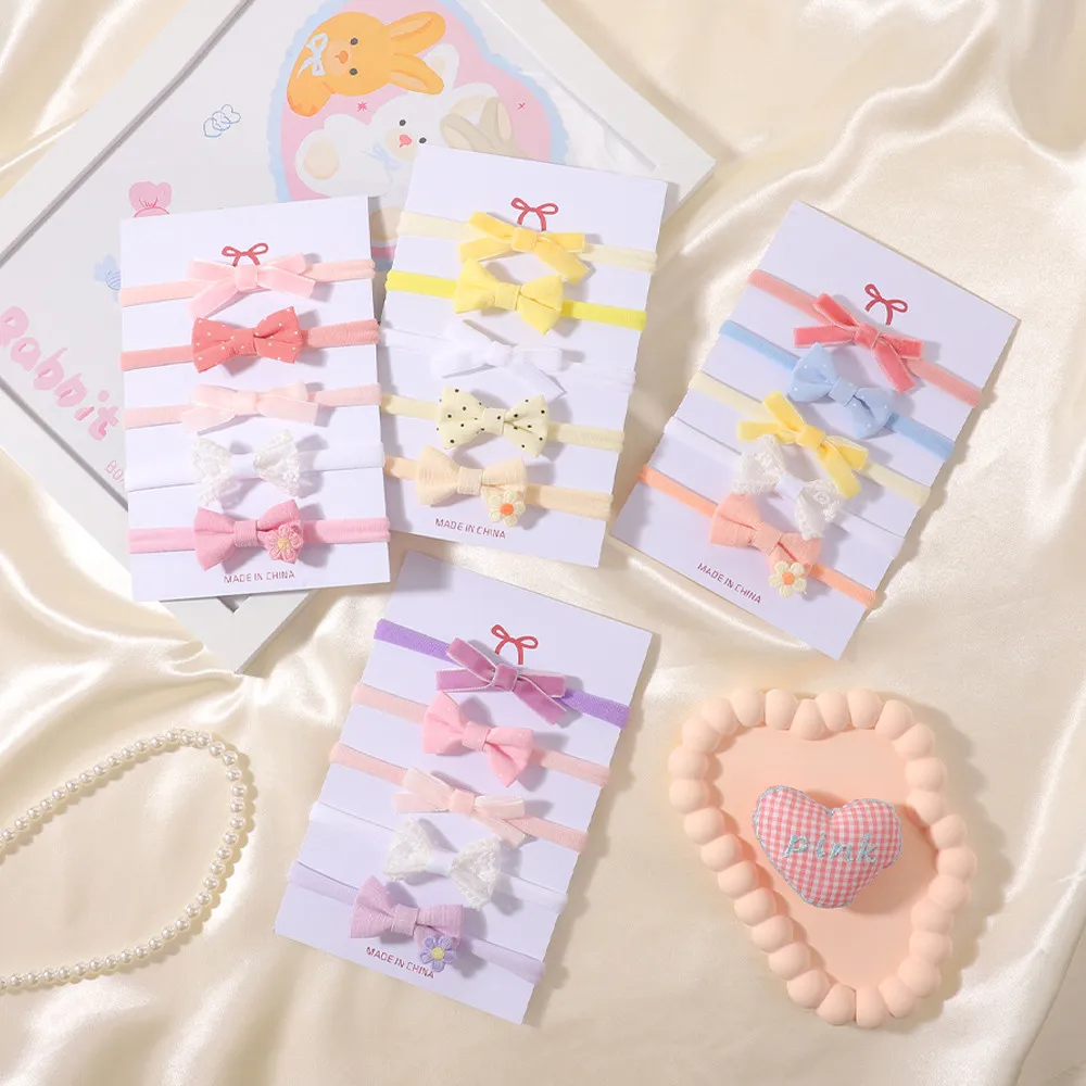 5-teiliges Set süßer Baby-Haarbänder mit Schleifen, gemischte Materialien aus Satin, Strick, Spitze und Polka Dots, weiche elastische Nylon-Haarbänder, Foto-Requisiten für Mädchen, Geschenk