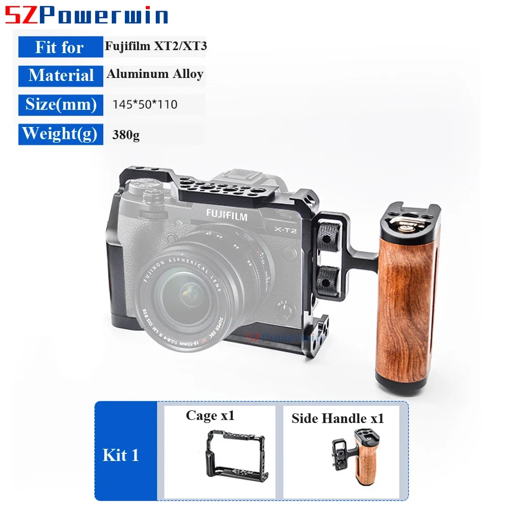 Powerwin For Fujifilm XT3 XT2 Camera Cage Rig Kit with wooden Handle Aluminum Alloy Multifunctional Arri Locating Screw