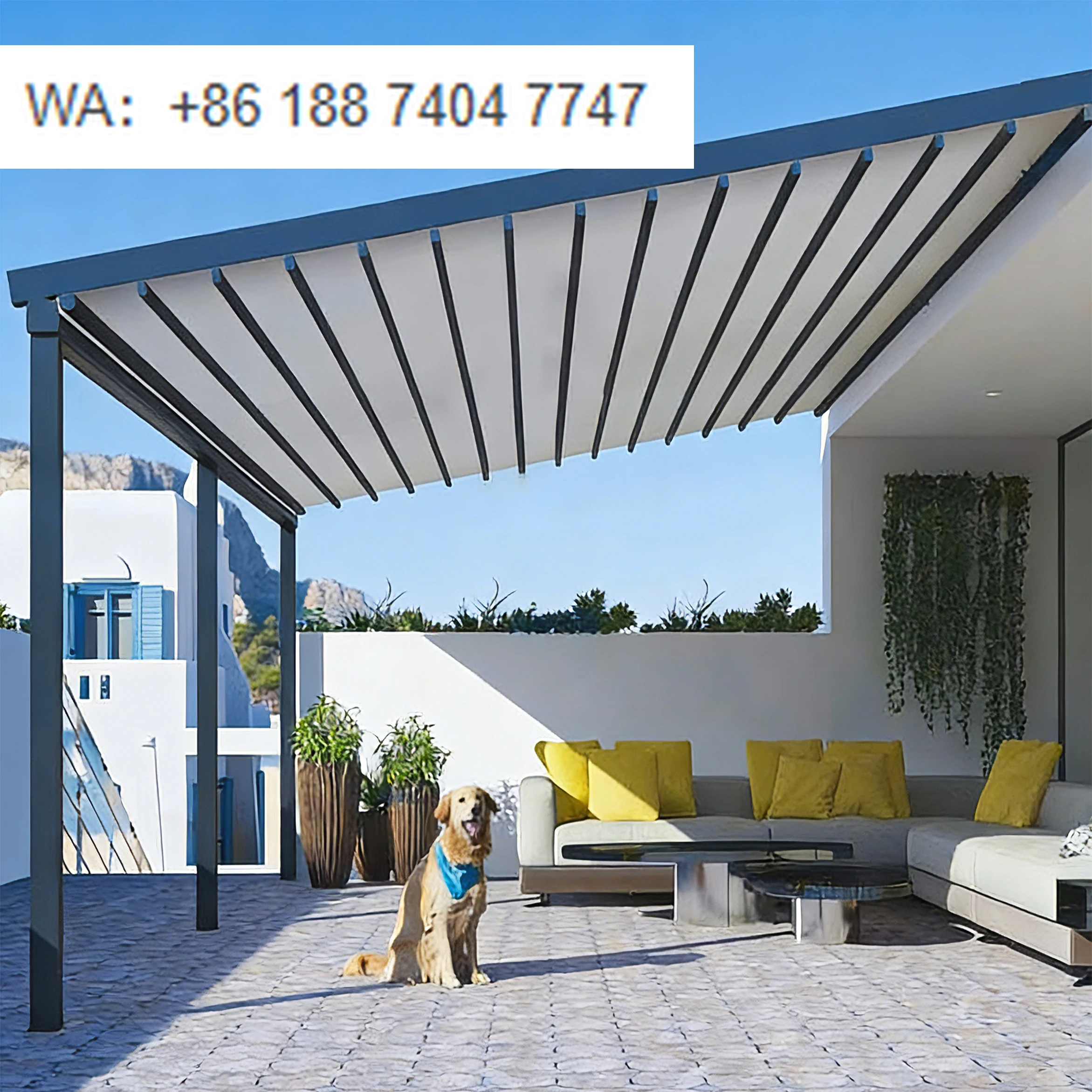 

Retractable Motorised Pergola Awning Rainproof Canopy Free Standing Modern Luxury Design for Commercial Balcony Restaurant Use