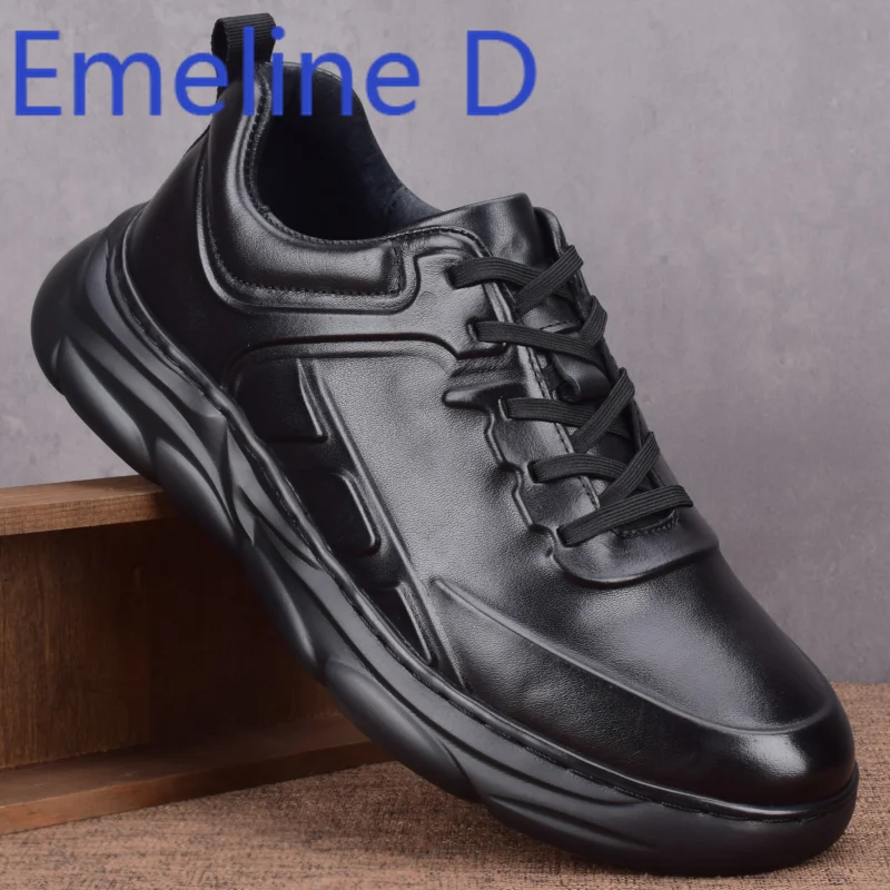 

Casual Sports Style Leather Shoes Fashionable Black Lace Up Design Round Toe Thick Sole Versatile and Trendy Flat Shoes