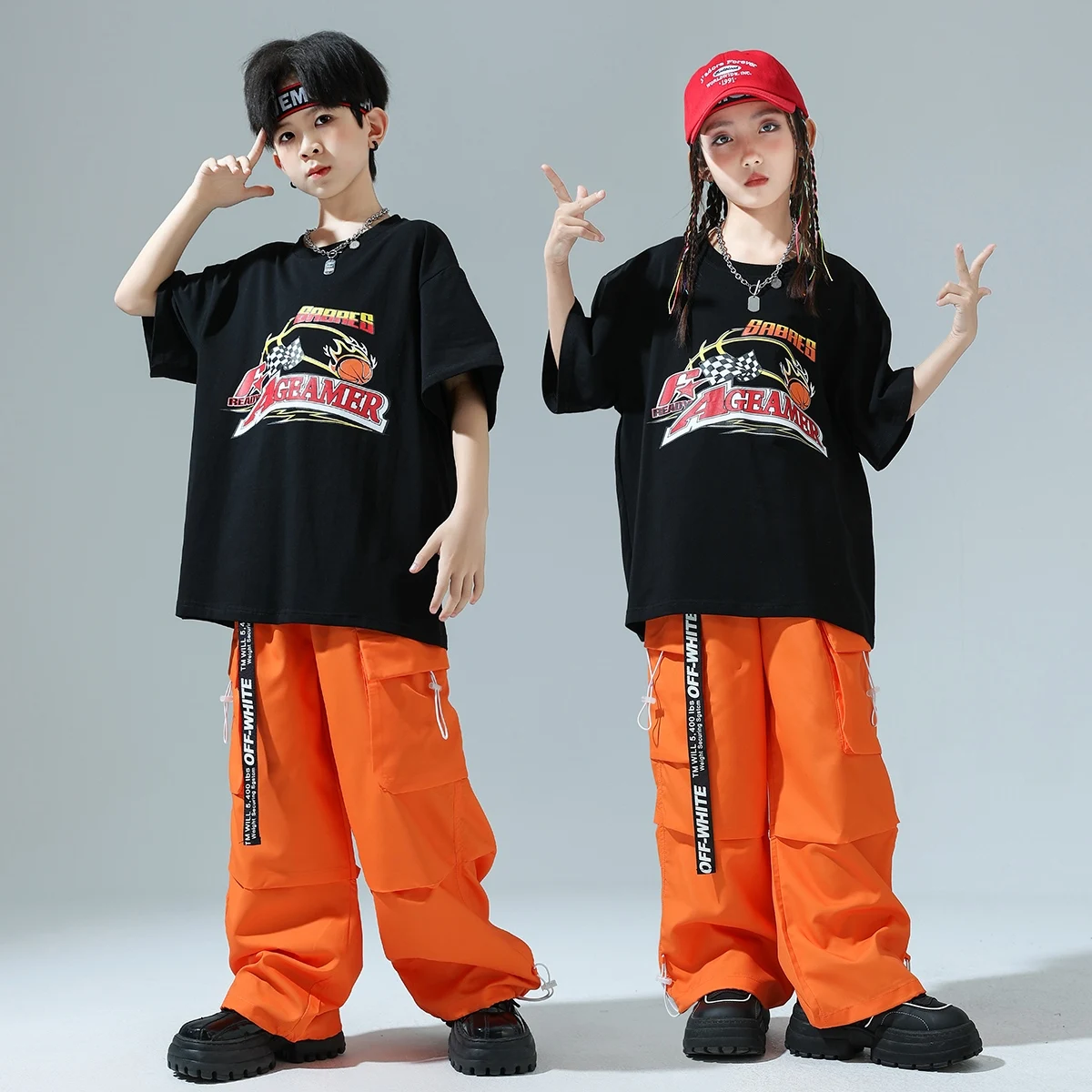 

Summer Children Hip Hop Jazz Dance Costumes Loose Suit Boys Short Sleeve Top Cargo Pants Practice Street Dance Wear DQL10551