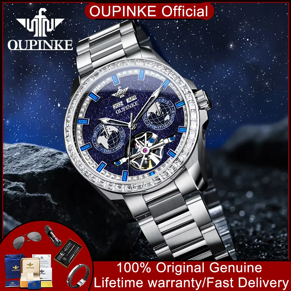 OUPINKE 3280 Top Luxury Man Watch Diamond Bezel Skeleton Automatic Mechanical Watch for Men Fashion Starry Sky Dial Men's Watch