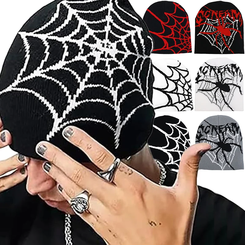 Gothic Spider Web Hat Unisex Cold Proof Beanie Hip Hop Warm Knit Caps Wrap Ears Knitted Hats Outdoor Autumn Winter Snug Bonnet