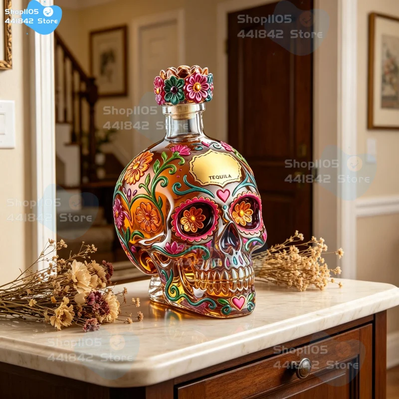 

2026 Day of the Dead Sugar Skull Tequila Bottle, Mexican Folk Art Glass Decanter for Bar & Home Decor