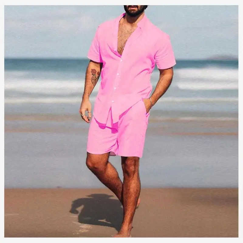 ملابس الشاطئ الصيفية للرجال طقم مكون من قطعتين من مزيج القطن ort Sve irt and orts ملابس شبابية عصرية مادة مختلطة #2