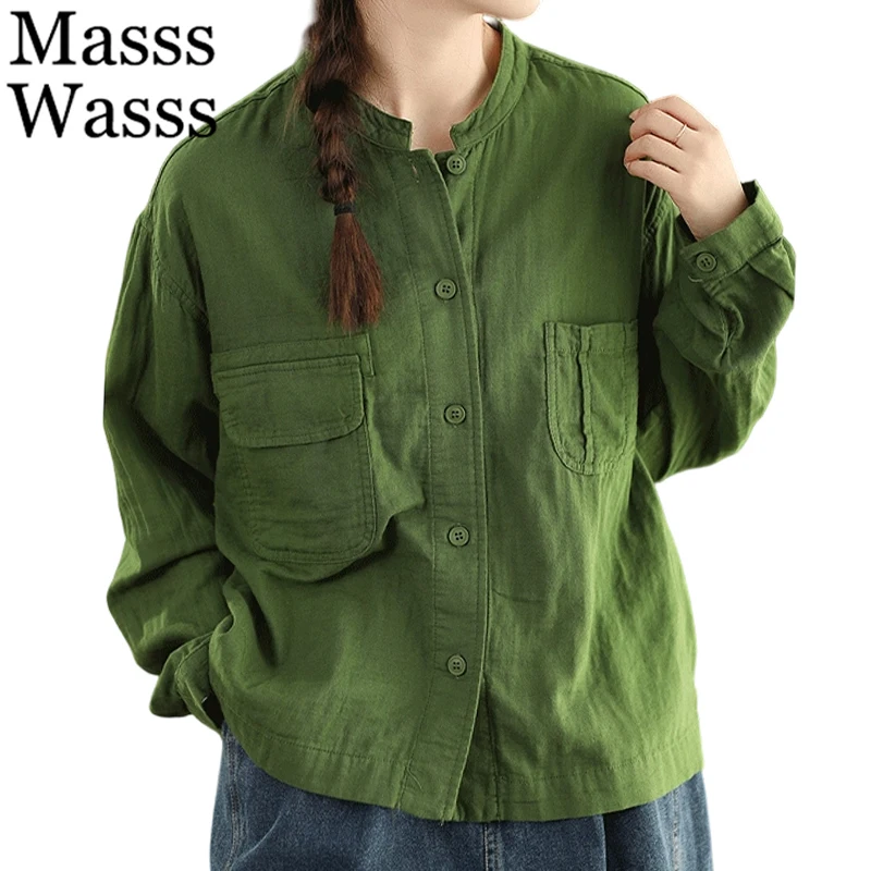 Masss Wasss Japanese Design Winter Tops Women Fashion Loose Casual Cotton Shirts Ladies Luxury Classic Solid Long Sleeve Blouses