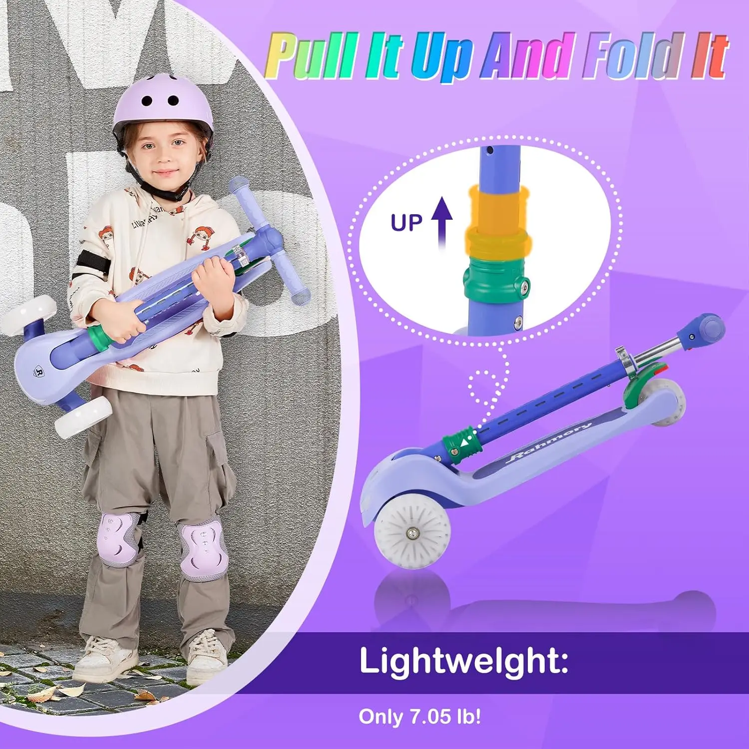 Mise à niveau du scooter lumineux à 3 roues pour enfants, lumières sur la tige et le pont, 20 modèles de lumière différents, trois hauteurs réglables, penché pour se diriger