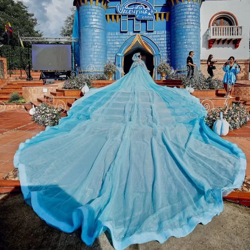 

Customized Shiny Water blue Quinceanera Dress Off Shoulder Lace sequin applique crystal Tull vestidos de 15 Quinceanera