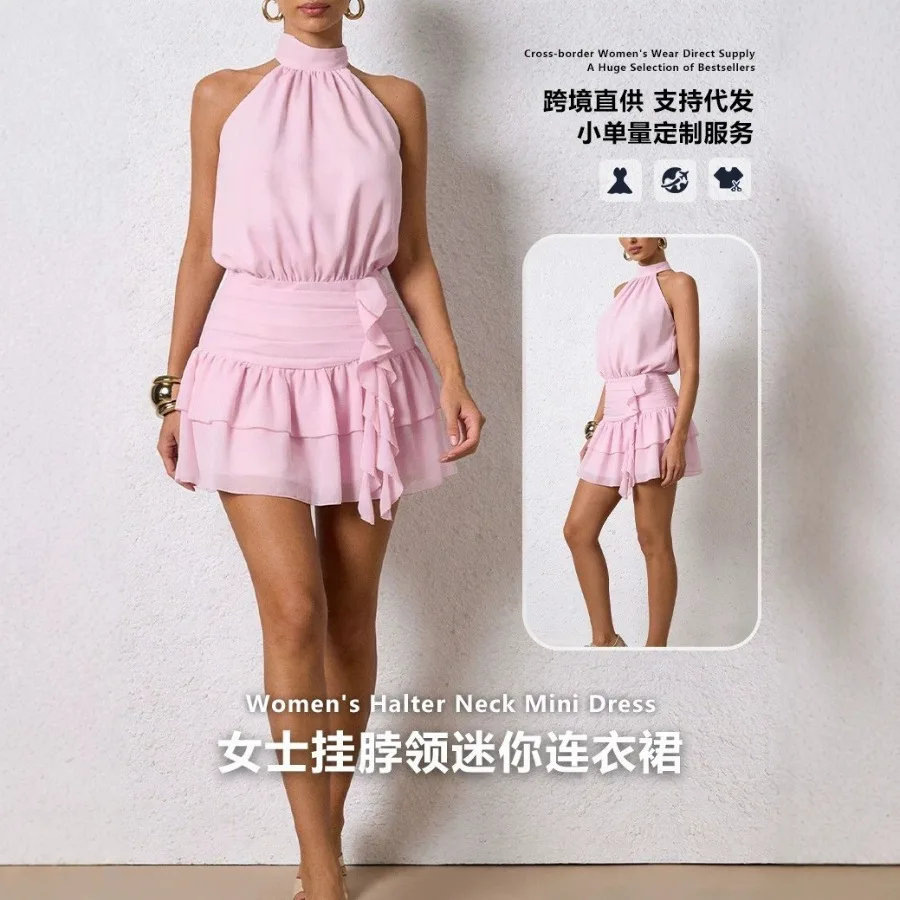 

【New style】2026 new pink neck-sleeveless dress for women, hot sale