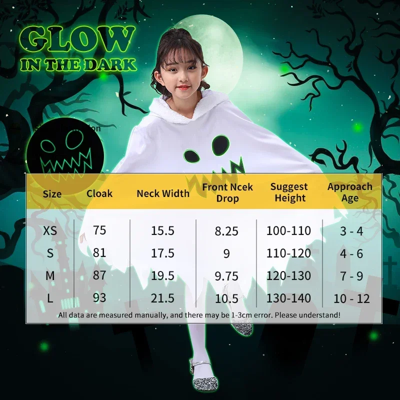 Child Boy Girl Cute White Ghost Demon Glow In The Dark Cape Cosplay Costume Kids Fancy Dress Performance Halloween Theme Party