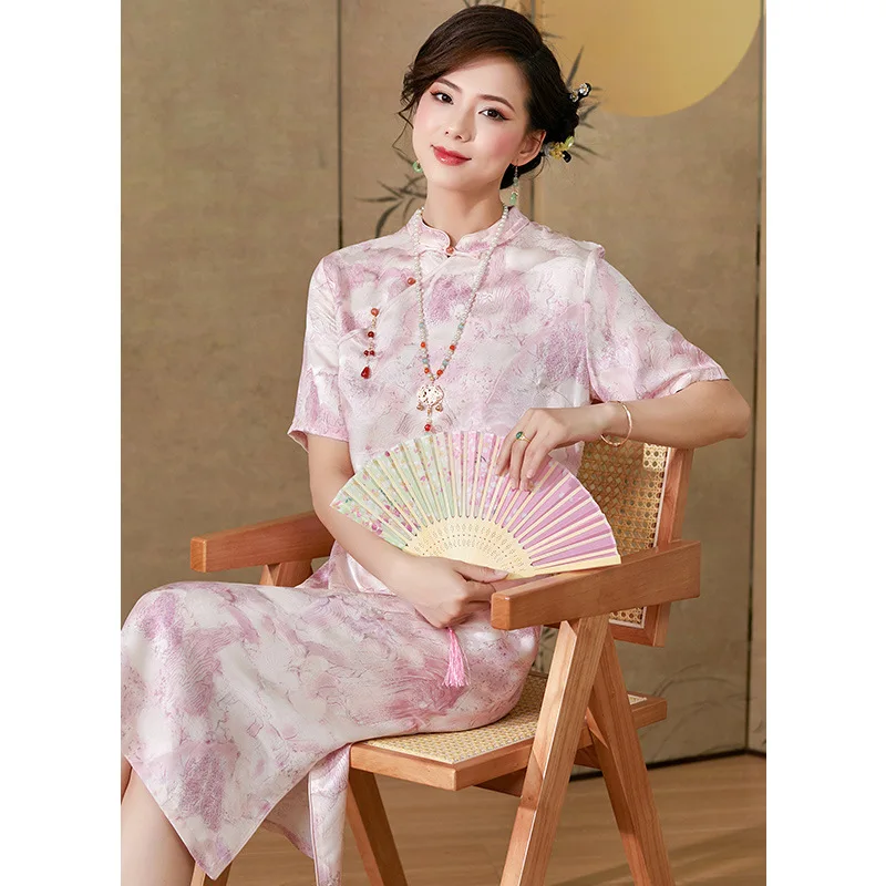 BirdTree, 50% Real Silk Cheongsam Dress, Women Stand Short Sleeve Flower Jacquard, Chinese Retro Dresses, 2024 Summer D44972QC