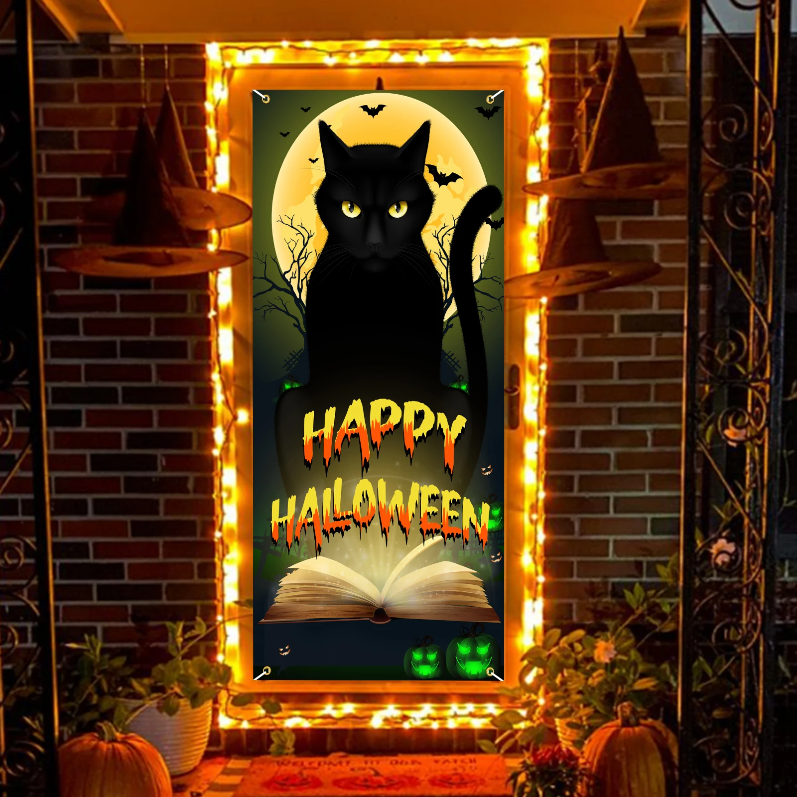 Halloween Black Cat Door Banner, Scary Cat Halloween Door Cover Halloween Door Decorations Trick or Treat Halloween Party Banner