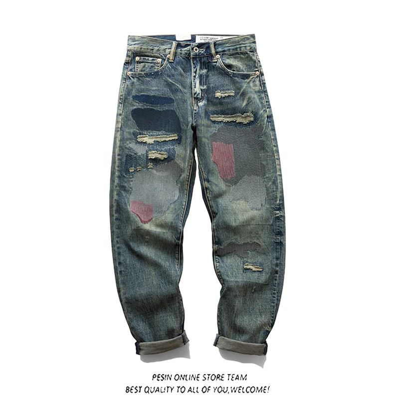 

Retro Japanese Sle Waed Embroidered Patch Slim Straight Jeans Men's Loose Casual Trousers Youth Faion Spring Season