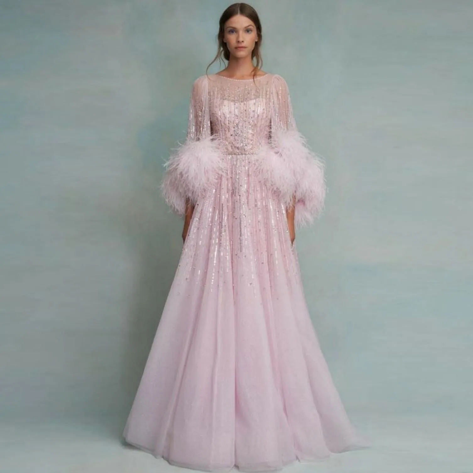 

O-Neck A-line Women Clothing Pink Long Sleeve Evening Dresses For Women With Feathers Floor Length Prom Gown Sequins Gowns